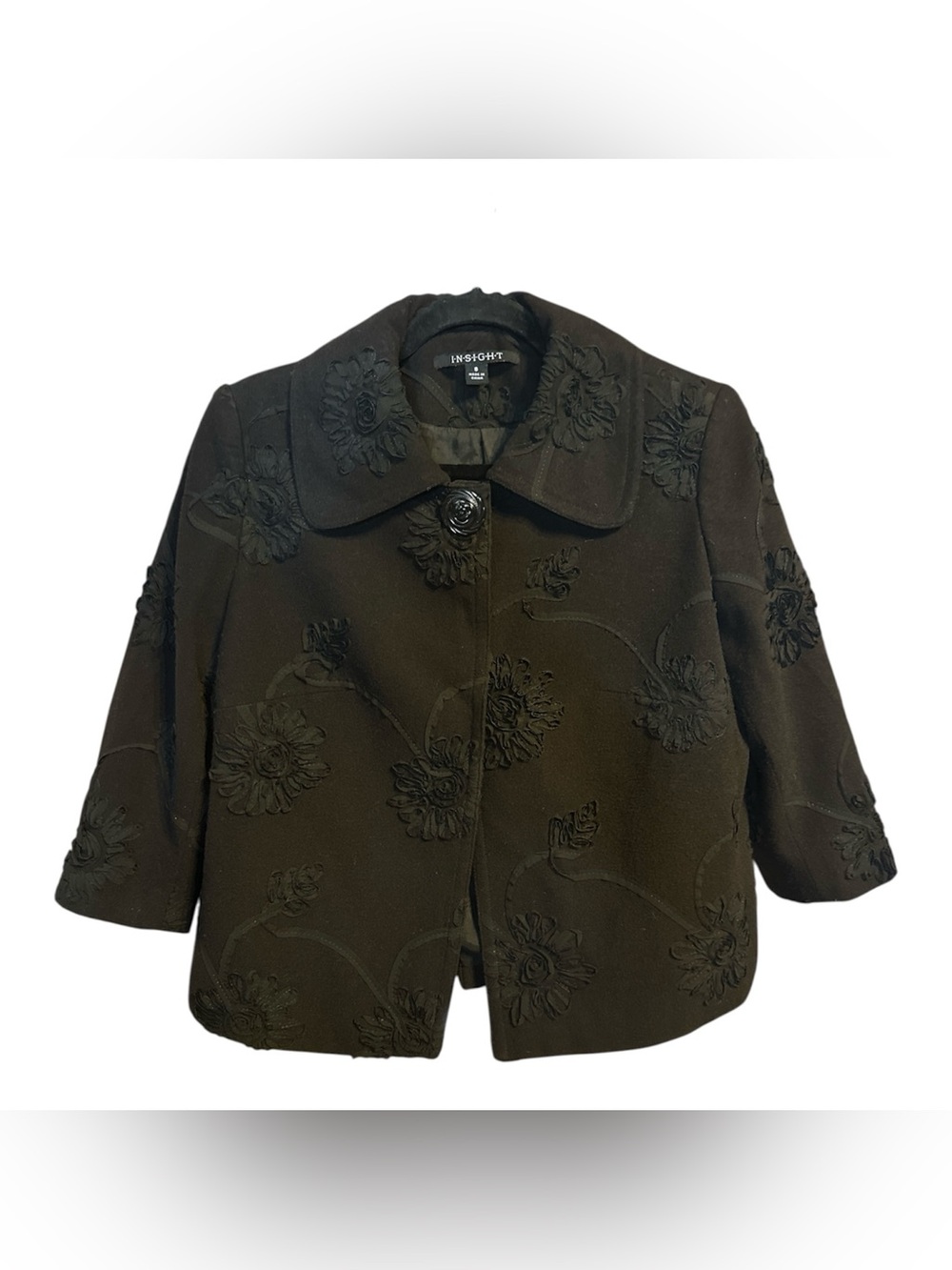 Insight Black 3D Embroidered Floral Rosette Appliqué Cropped Jacket Blazer.